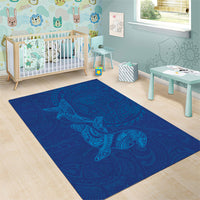 Hawaiian Monk Seal and Whale Area Rug Kakau Tribal Pattern Blue Color