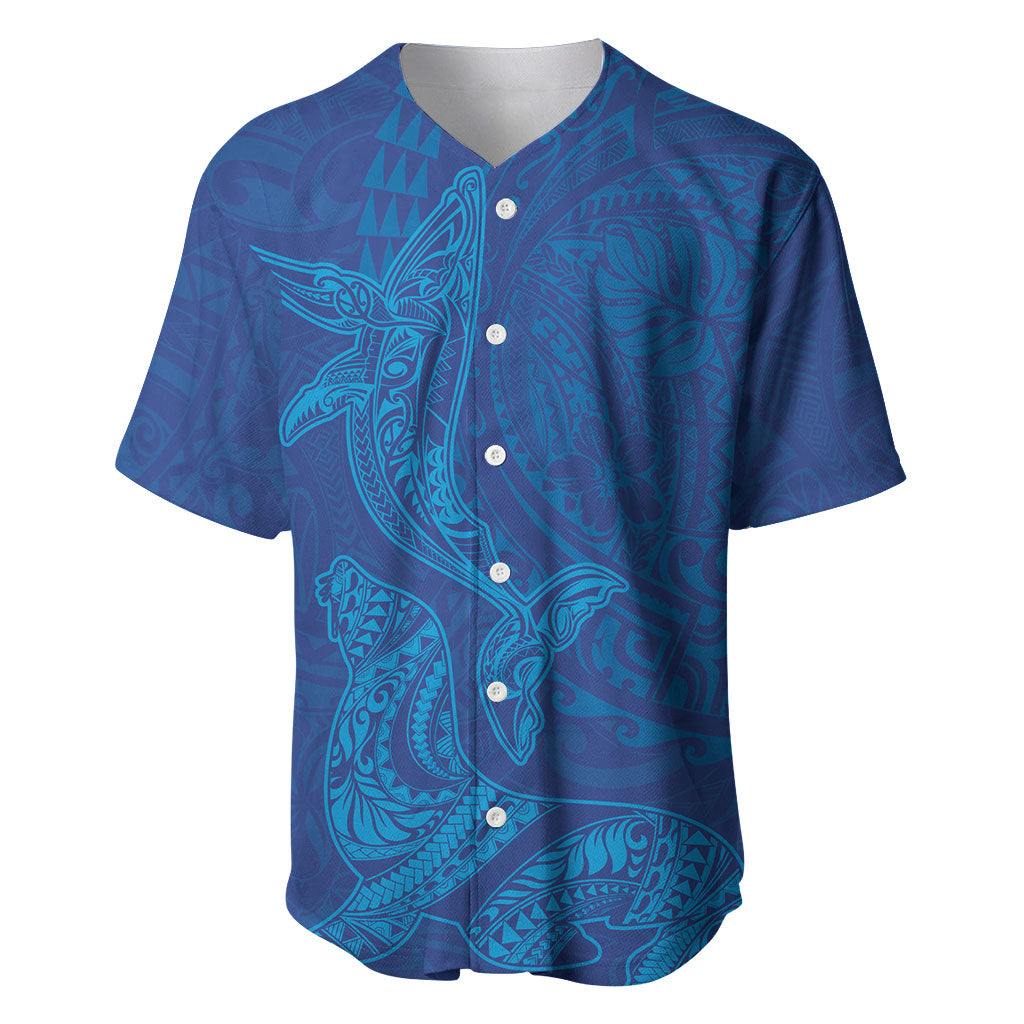 Hawaiian Monk Seal and Whale Baseball Jersey Kakau Tribal Pattern Blue Color