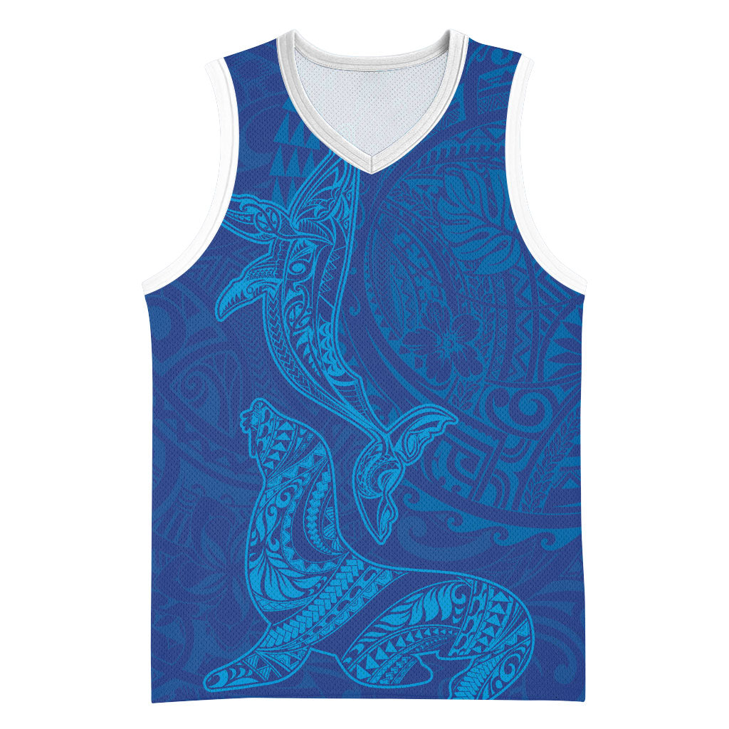 Hawaiian Monk Seal and Whale Basketball Jersey Kakau Tribal Pattern Blue Color