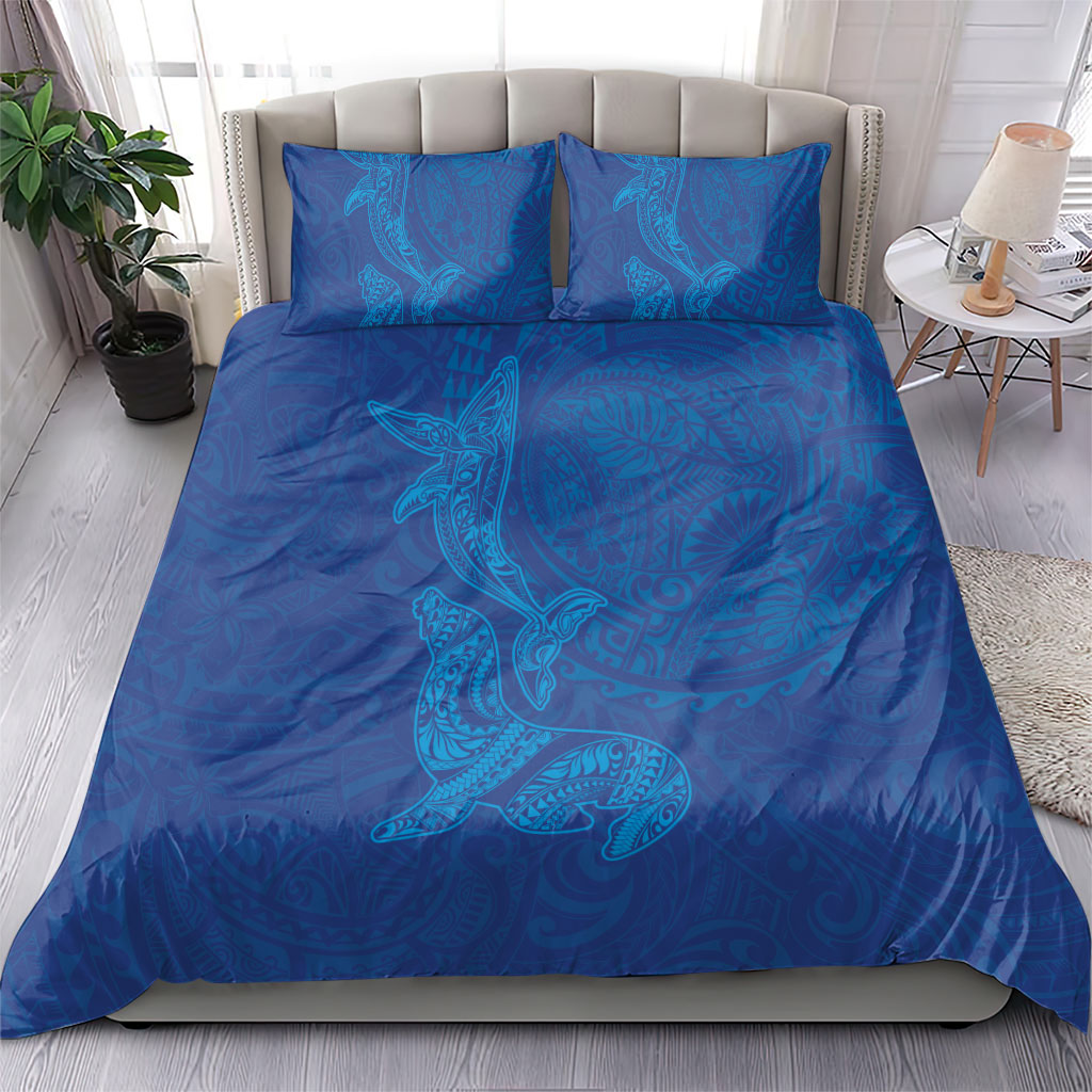 Hawaiian Monk Seal and Whale Bedding Set Kakau Tribal Pattern Blue Color