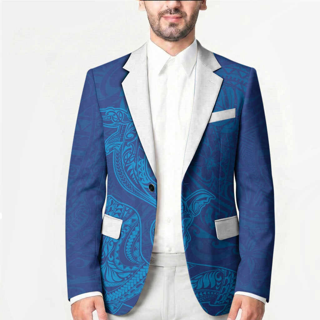 Hawaiian Monk Seal and Whale Blazer Kakau Tribal Pattern Blue Color