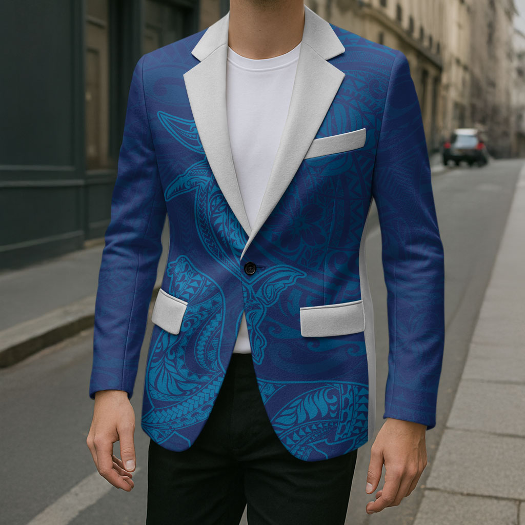 Hawaiian Monk Seal and Whale Blazer Kakau Tribal Pattern Blue Color
