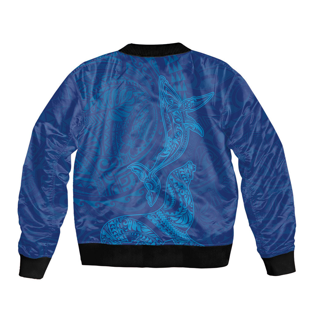 Hawaiian Monk Seal and Whale Bomber Jacket Kakau Tribal Pattern Blue Color