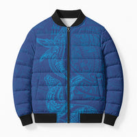 Hawaiian Monk Seal and Whale Bomber Puffer Jacket Kakau Tribal Pattern Blue Color