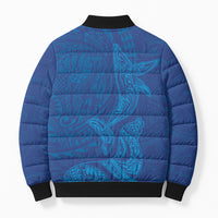 Hawaiian Monk Seal and Whale Bomber Puffer Jacket Kakau Tribal Pattern Blue Color