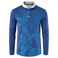 Hawaiian Monk Seal and Whale Button Sweatshirt Kakau Tribal Pattern Blue Color