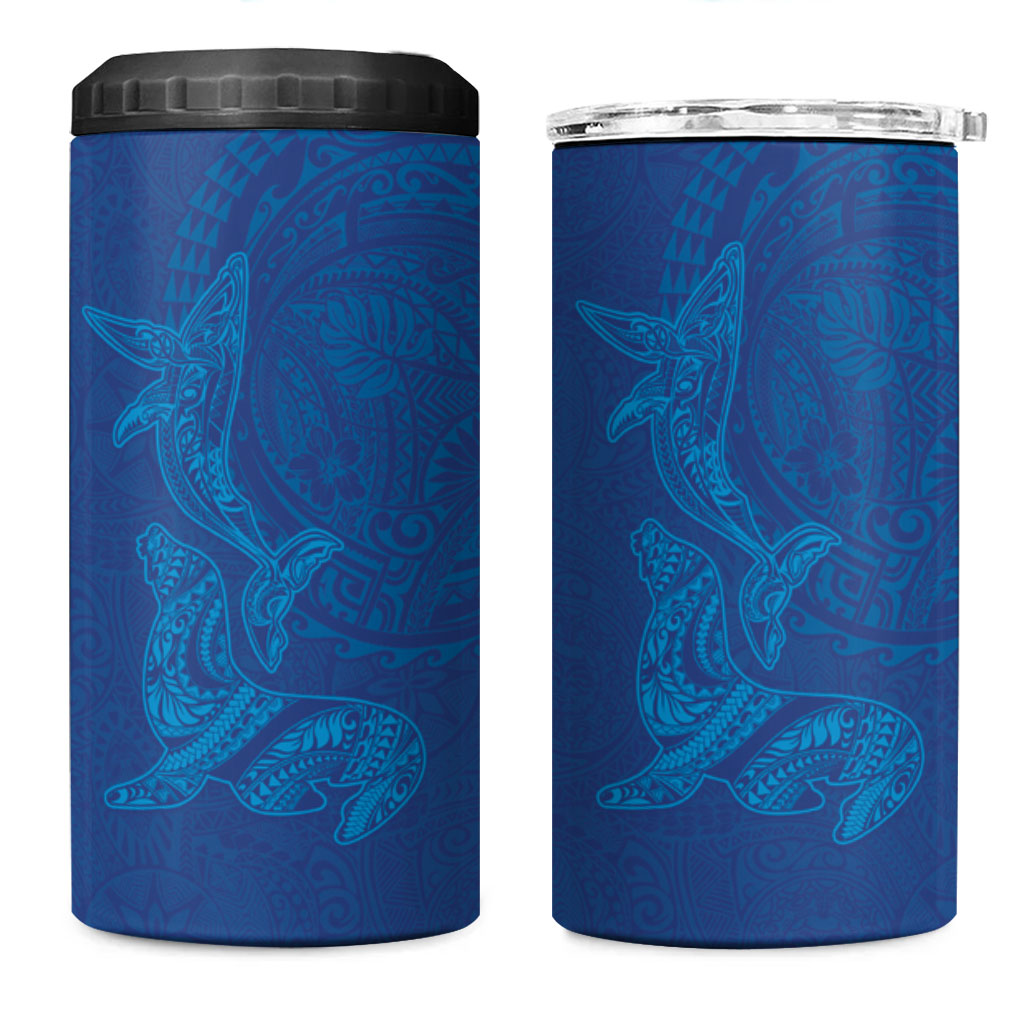 Hawaiian Monk Seal and Whale 4 in 1 Can Cooler Tumbler Kakau Tribal Pattern Blue Color