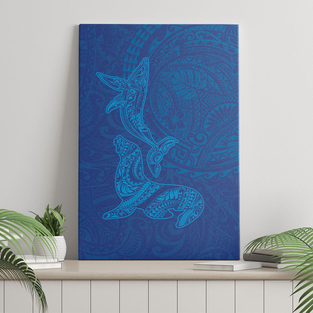 Hawaiian Monk Seal and Whale Canvas Wall Art Kakau Tribal Pattern Blue Color
