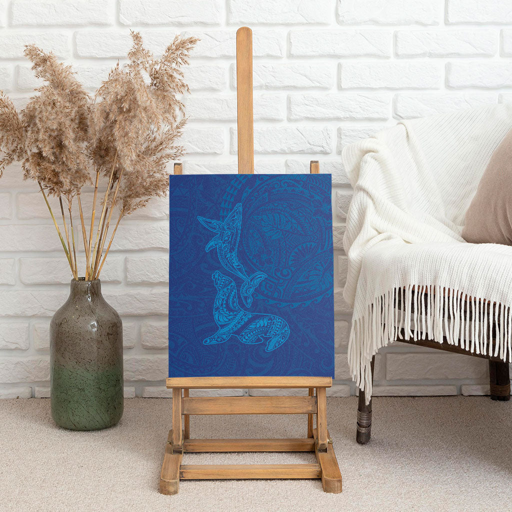 Hawaiian Monk Seal and Whale Canvas Wall Art Kakau Tribal Pattern Blue Color