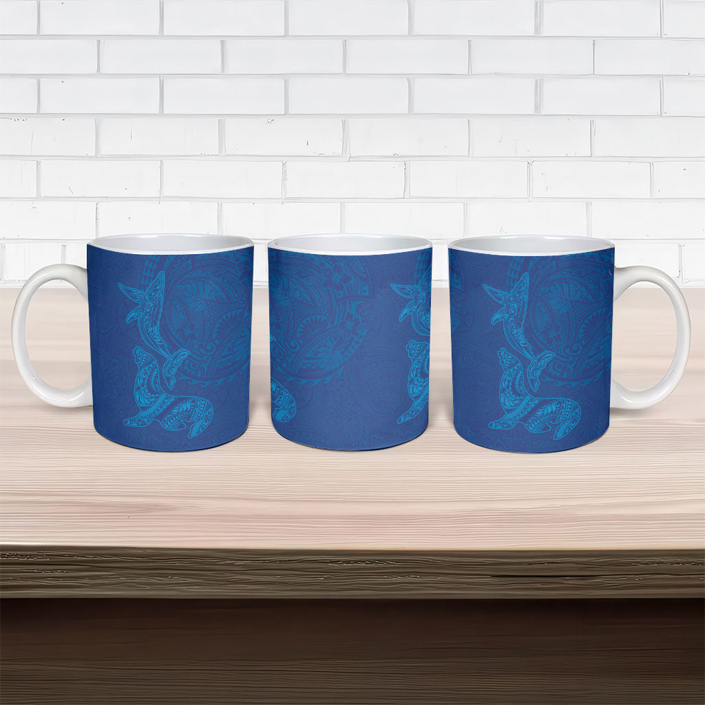 Hawaiian Monk Seal and Whale Ceramic Mug Kakau Tribal Pattern Blue Color