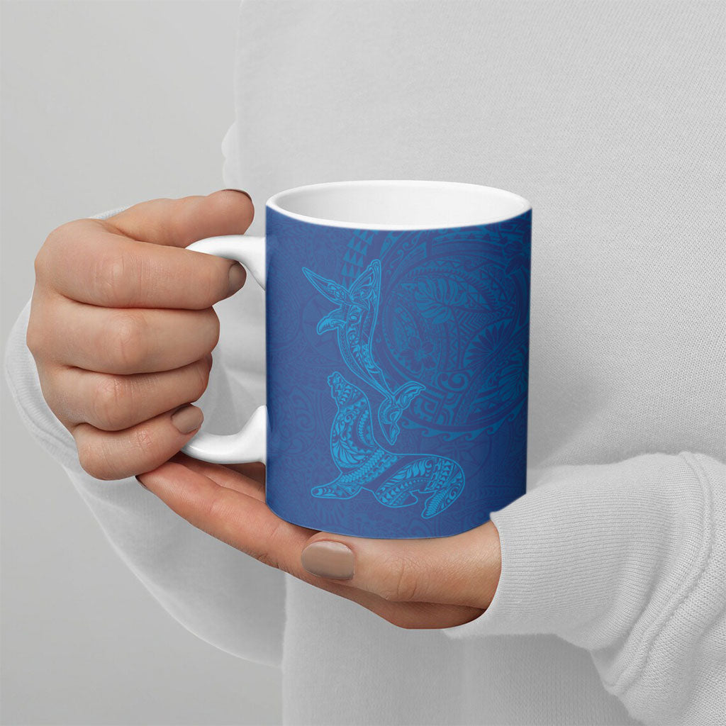 Hawaiian Monk Seal and Whale Ceramic Mug Kakau Tribal Pattern Blue Color
