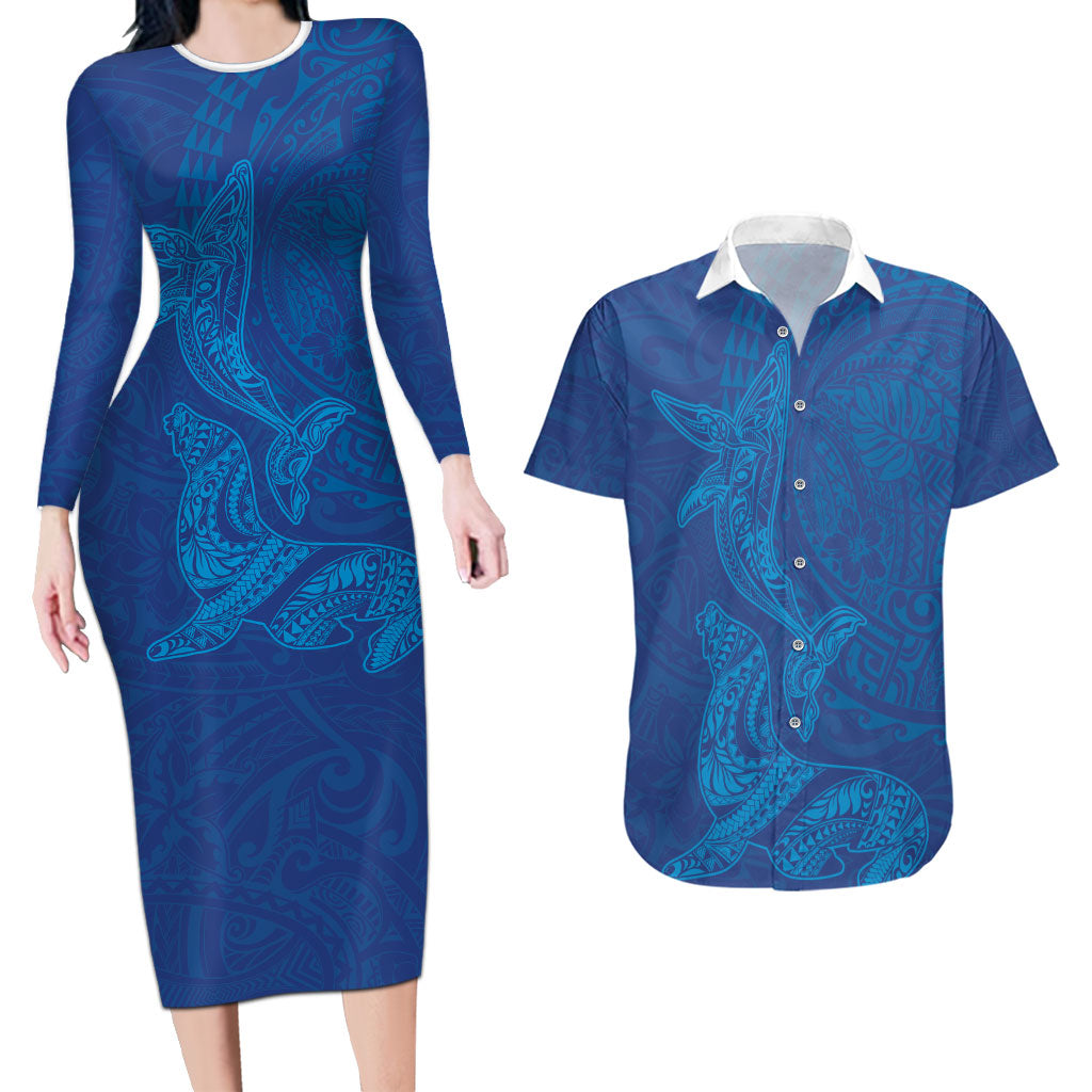 Hawaiian Monk Seal and Whale Couples Matching Long Sleeve Bodycon Dress and Hawaiian Shirt Kakau Tribal Pattern Blue Color LT03 Blue - Polynesian Pride