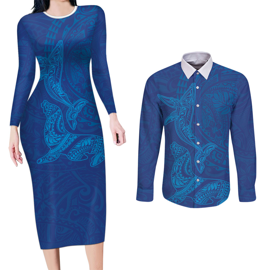 Hawaiian Monk Seal and Whale Couples Matching Long Sleeve Bodycon Dress and Long Sleeve Button Shirt Kakau Tribal Pattern Blue Color