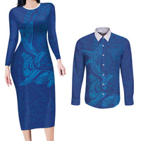 Hawaiian Monk Seal and Whale Couples Matching Long Sleeve Bodycon Dress and Long Sleeve Button Shirt Kakau Tribal Pattern Blue Color