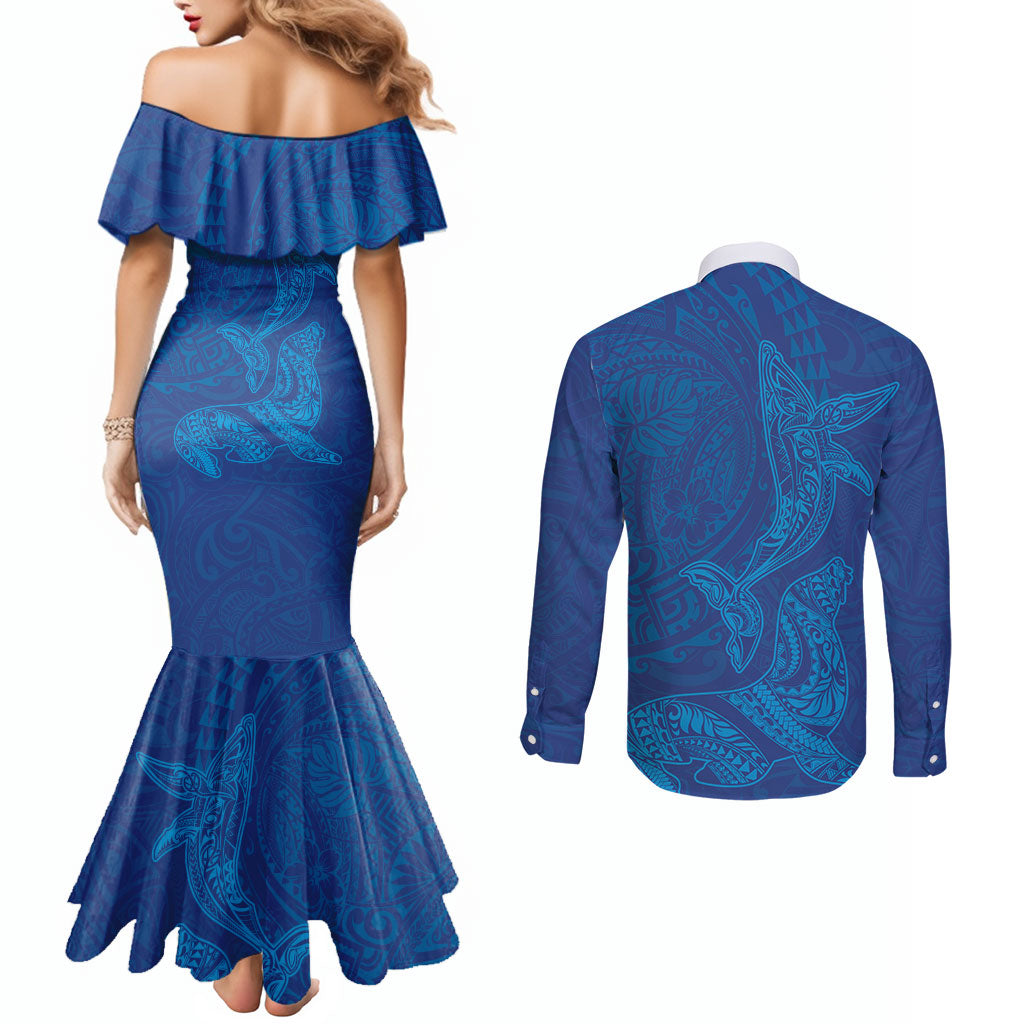 Hawaiian Monk Seal and Whale Couples Matching Mermaid Dress and Long Sleeve Button Shirt Kakau Tribal Pattern Blue Color