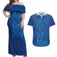 Hawaiian Monk Seal and Whale Couples Matching Off Shoulder Maxi Dress and Hawaiian Shirt Kakau Tribal Pattern Blue Color