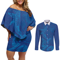 Hawaiian Monk Seal and Whale Couples Matching Off Shoulder Short Dress and Long Sleeve Button Shirt Kakau Tribal Pattern Blue Color