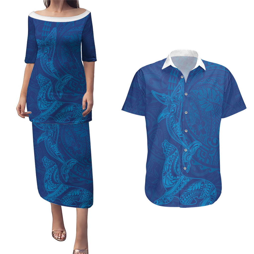 Hawaiian Monk Seal and Whale Couples Matching Puletasi and Hawaiian Shirt Kakau Tribal Pattern Blue Color LT03 Blue - Polynesian Pride