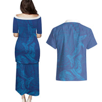Hawaiian Monk Seal and Whale Couples Matching Puletasi and Hawaiian Shirt Kakau Tribal Pattern Blue Color LT03 - Polynesian Pride