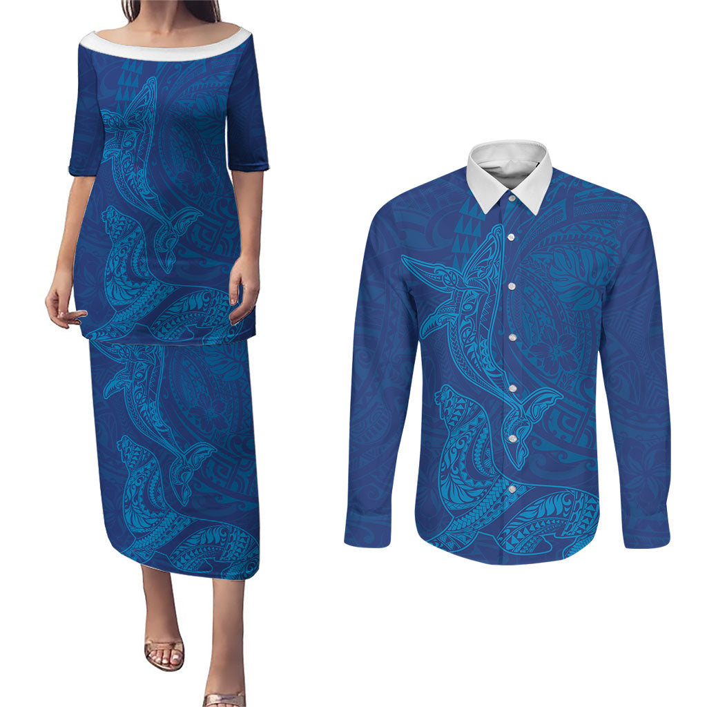 Hawaiian Monk Seal and Whale Couples Matching Puletasi and Long Sleeve Button Shirt Kakau Tribal Pattern Blue Color