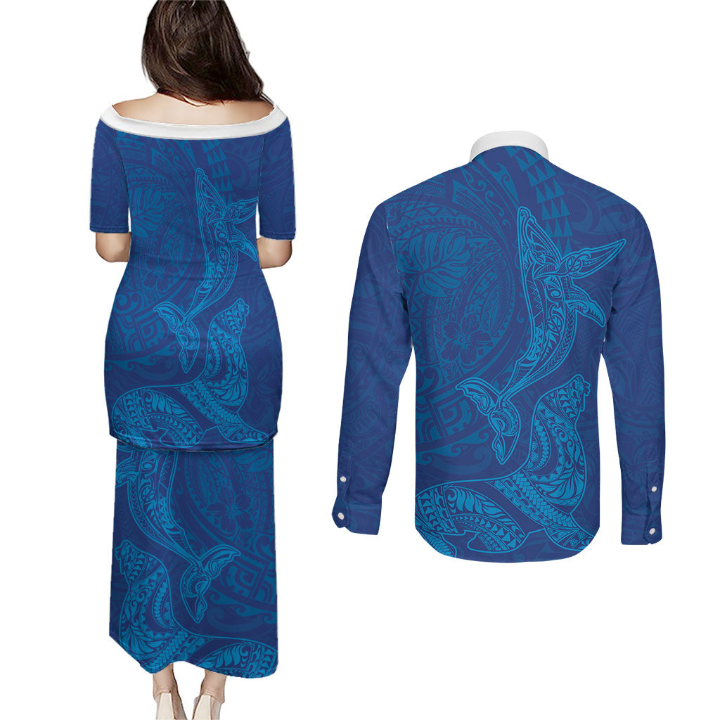 Hawaiian Monk Seal and Whale Couples Matching Puletasi and Long Sleeve Button Shirt Kakau Tribal Pattern Blue Color