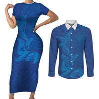 Hawaiian Monk Seal and Whale Couples Matching Short Sleeve Bodycon Dress and Long Sleeve Button Shirt Kakau Tribal Pattern Blue Color