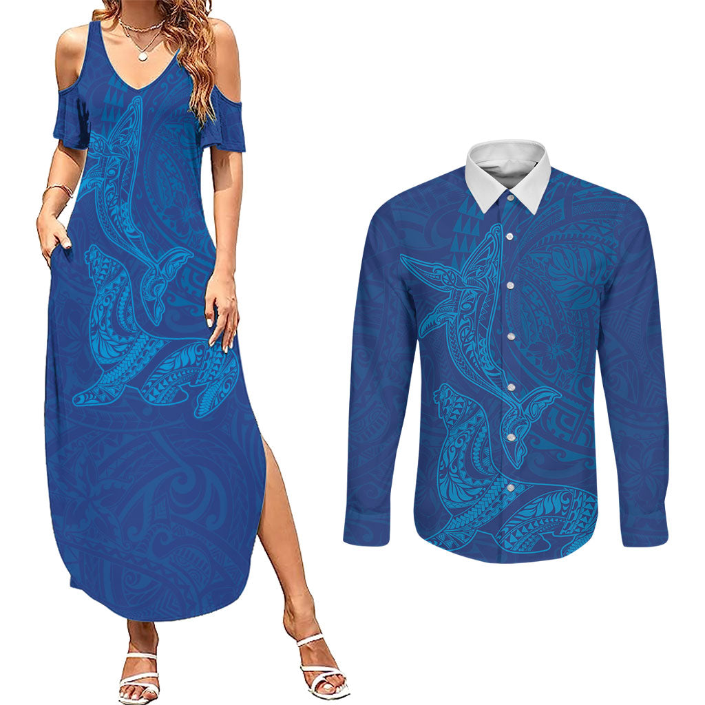 Hawaiian Monk Seal and Whale Couples Matching Summer Maxi Dress and Long Sleeve Button Shirt Kakau Tribal Pattern Blue Color LT03 Blue - Polynesian Pride