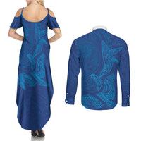 Hawaiian Monk Seal and Whale Couples Matching Summer Maxi Dress and Long Sleeve Button Shirt Kakau Tribal Pattern Blue Color LT03 - Polynesian Pride
