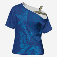 Hawaiian Monk Seal and Whale Cross Shoulder Shirt Kakau Tribal Pattern Blue Color