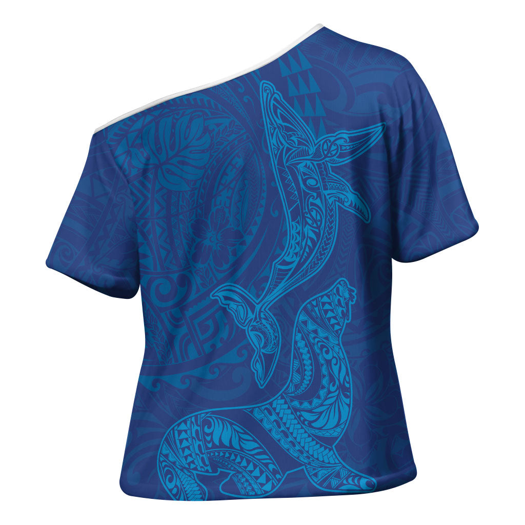 Hawaiian Monk Seal and Whale Cross Shoulder Shirt Kakau Tribal Pattern Blue Color