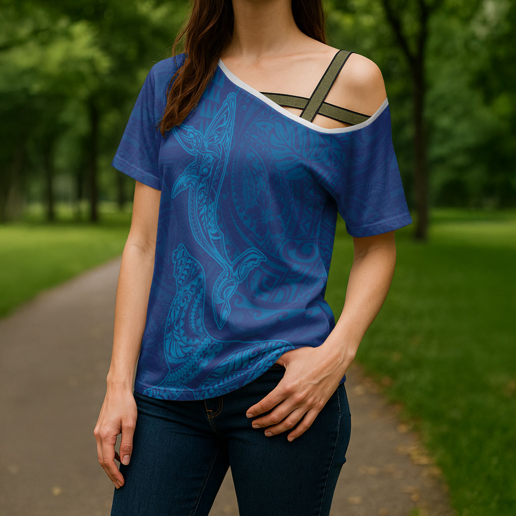Hawaiian Monk Seal and Whale Cross Shoulder Shirt Kakau Tribal Pattern Blue Color
