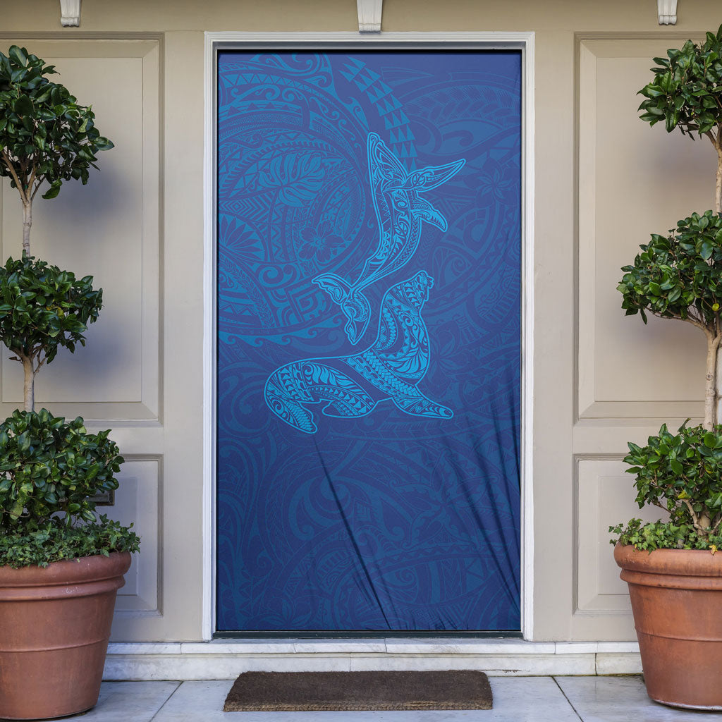 Hawaiian Monk Seal and Whale Door Cover Kakau Tribal Pattern Blue Color