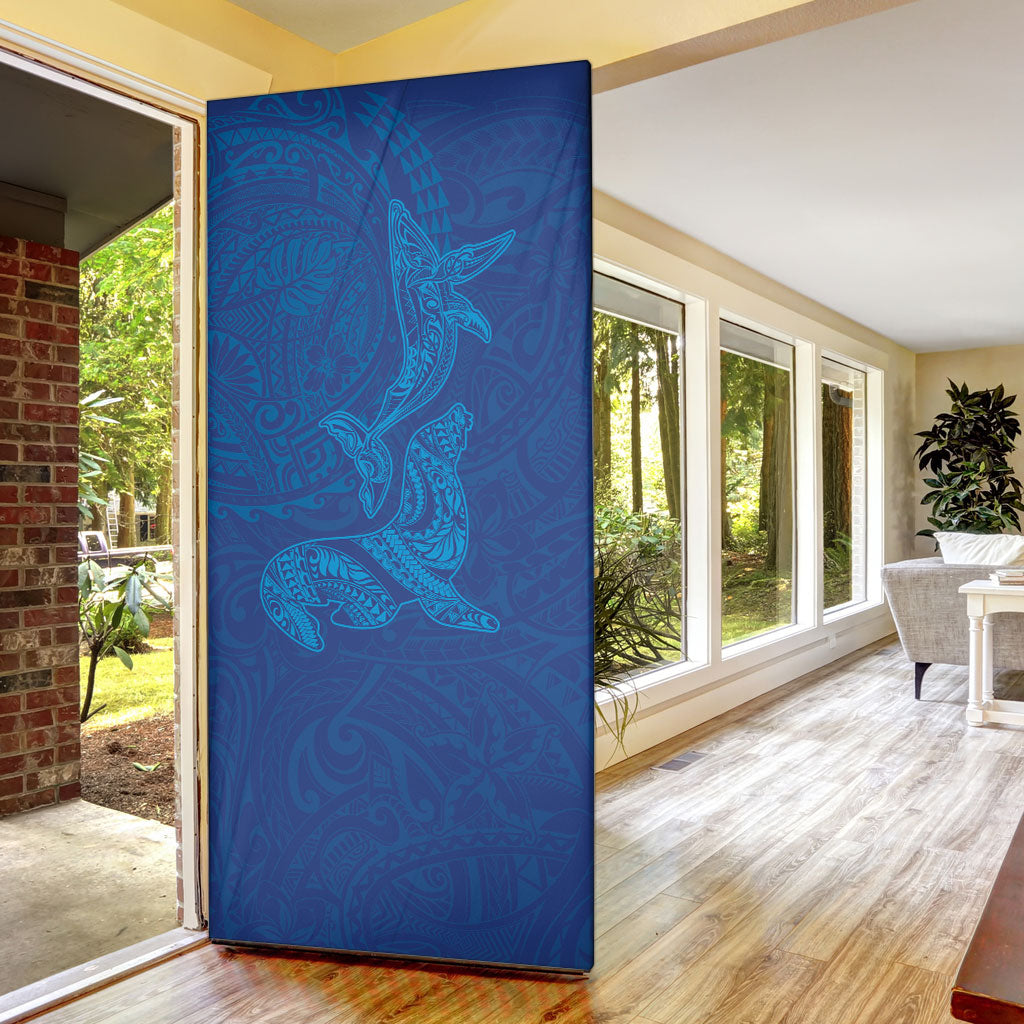 Hawaiian Monk Seal and Whale Door Cover Kakau Tribal Pattern Blue Color