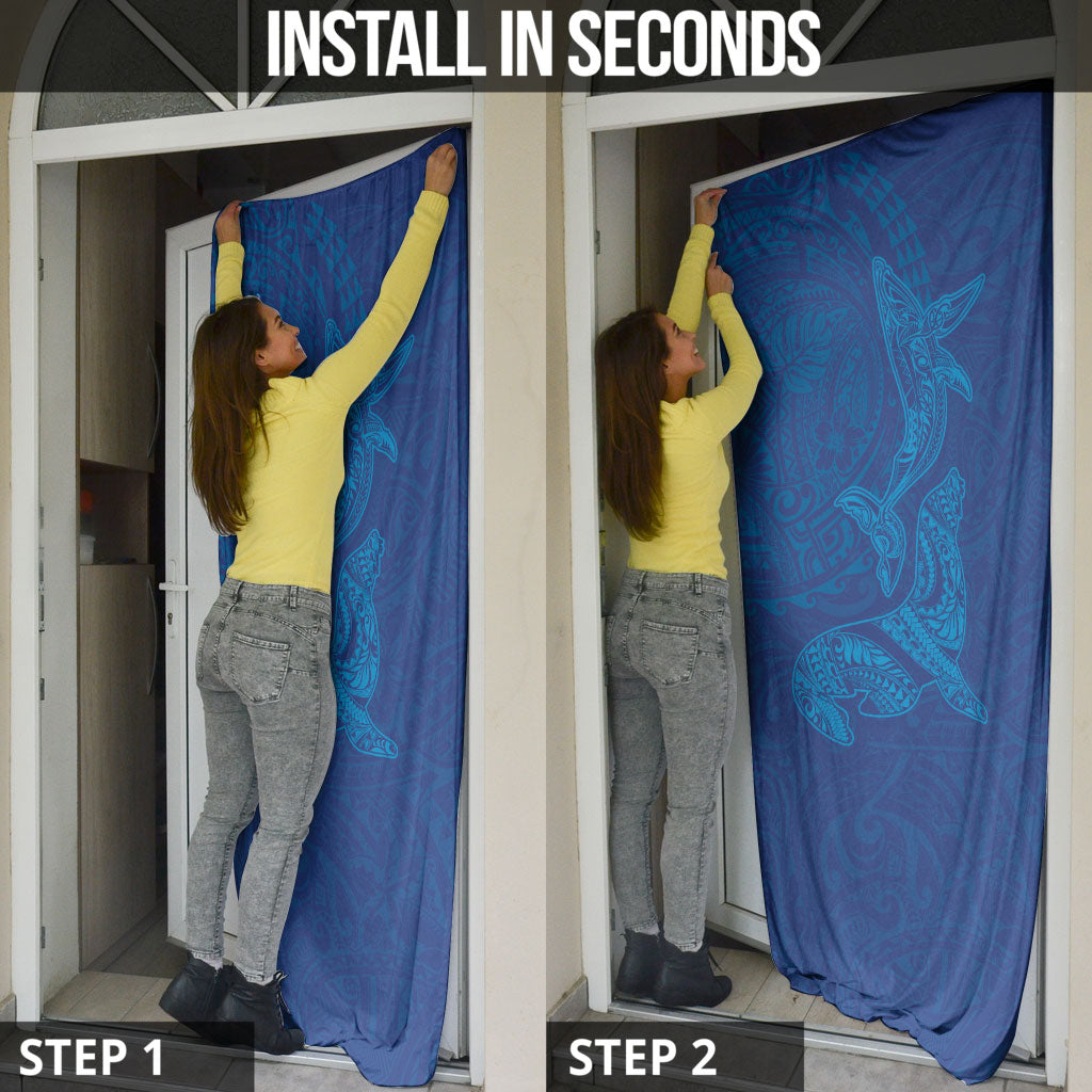 Hawaiian Monk Seal and Whale Door Cover Kakau Tribal Pattern Blue Color