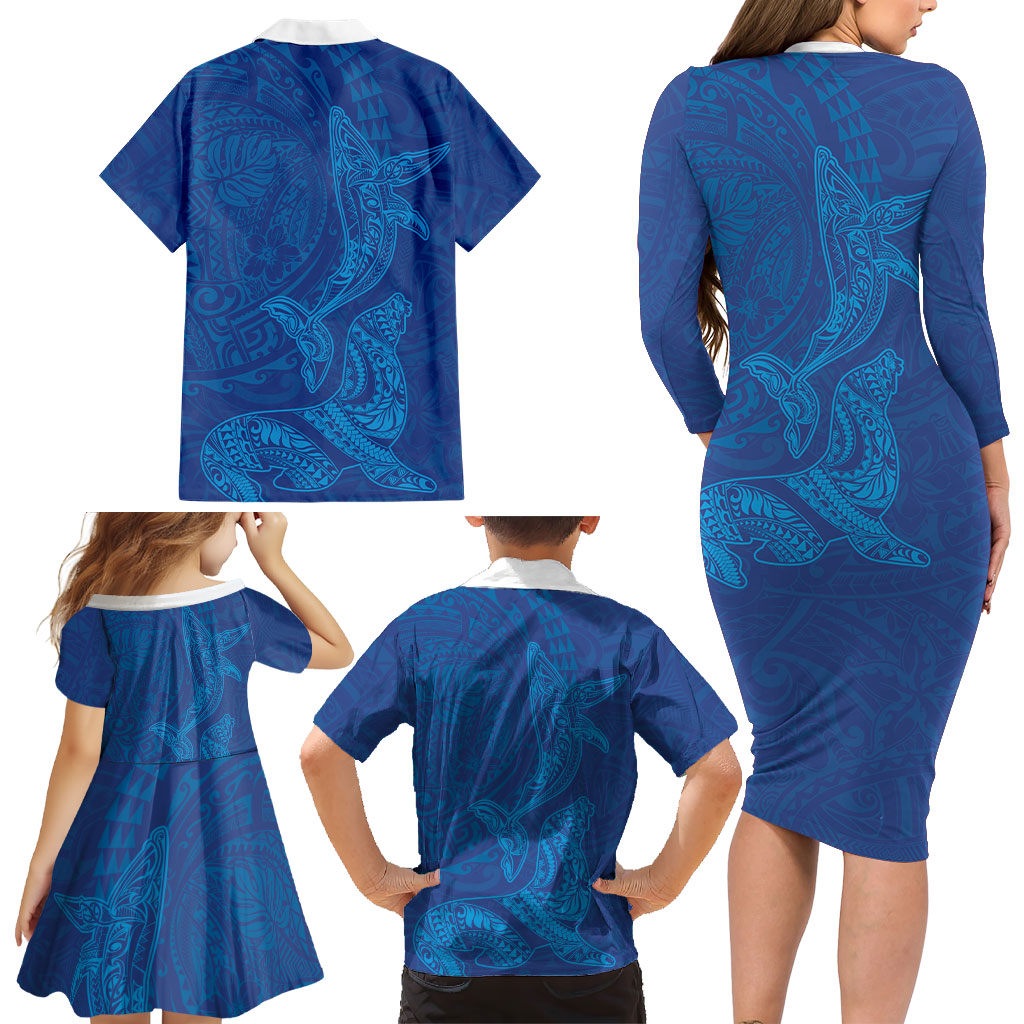 Hawaiian Monk Seal and Whale Family Matching Long Sleeve Bodycon Dress and Hawaiian Shirt Kakau Tribal Pattern Blue Color LT03 - Polynesian Pride