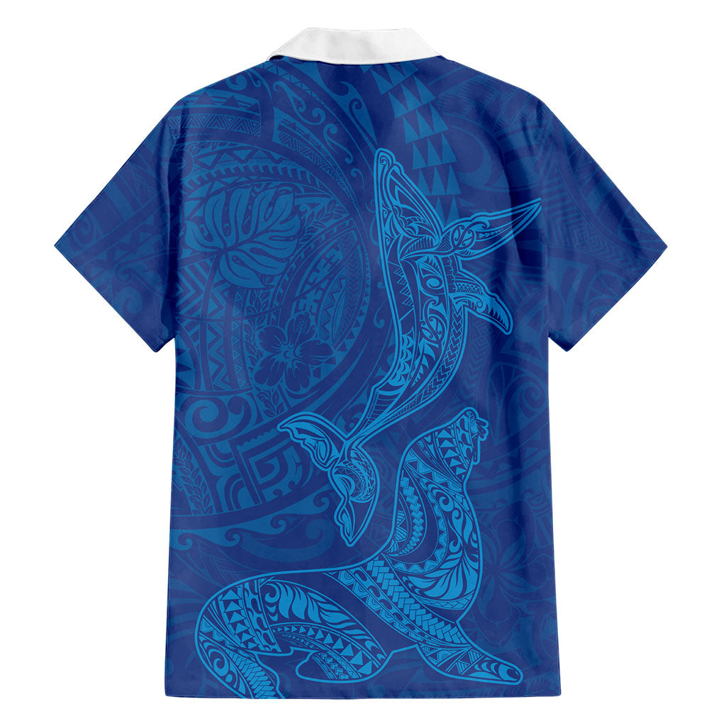 Hawaiian Monk Seal and Whale Family Matching Mermaid Dress and Hawaiian Shirt Kakau Tribal Pattern Blue Color LT03 - Polynesian Pride