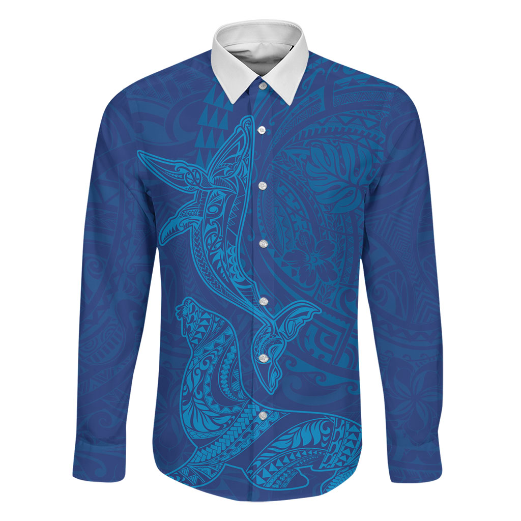 Hawaiian Monk Seal and Whale Family Matching Mermaid Dress and Hawaiian Shirt Kakau Tribal Pattern Blue Color LT03 Dad's Shirt - Long Sleeve Blue - Polynesian Pride
