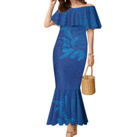 Hawaiian Monk Seal and Whale Family Matching Mermaid Dress and Hawaiian Shirt Kakau Tribal Pattern Blue Color LT03 Mom's Dress Blue - Polynesian Pride