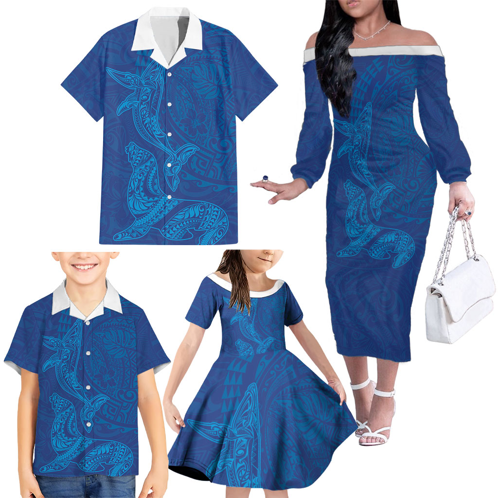 Hawaiian Monk Seal and Whale Family Matching Off The Shoulder Long Sleeve Dress and Hawaiian Shirt Kakau Tribal Pattern Blue Color