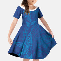 Hawaiian Monk Seal and Whale Family Matching Off Shoulder Maxi Dress and Hawaiian Shirt Kakau Tribal Pattern Blue Color LT03 Daughter's Dress Blue - Polynesian Pride