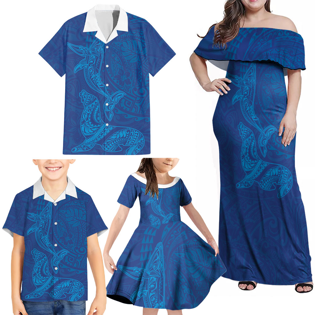 Hawaiian Monk Seal and Whale Family Matching Off Shoulder Maxi Dress and Hawaiian Shirt Kakau Tribal Pattern Blue Color