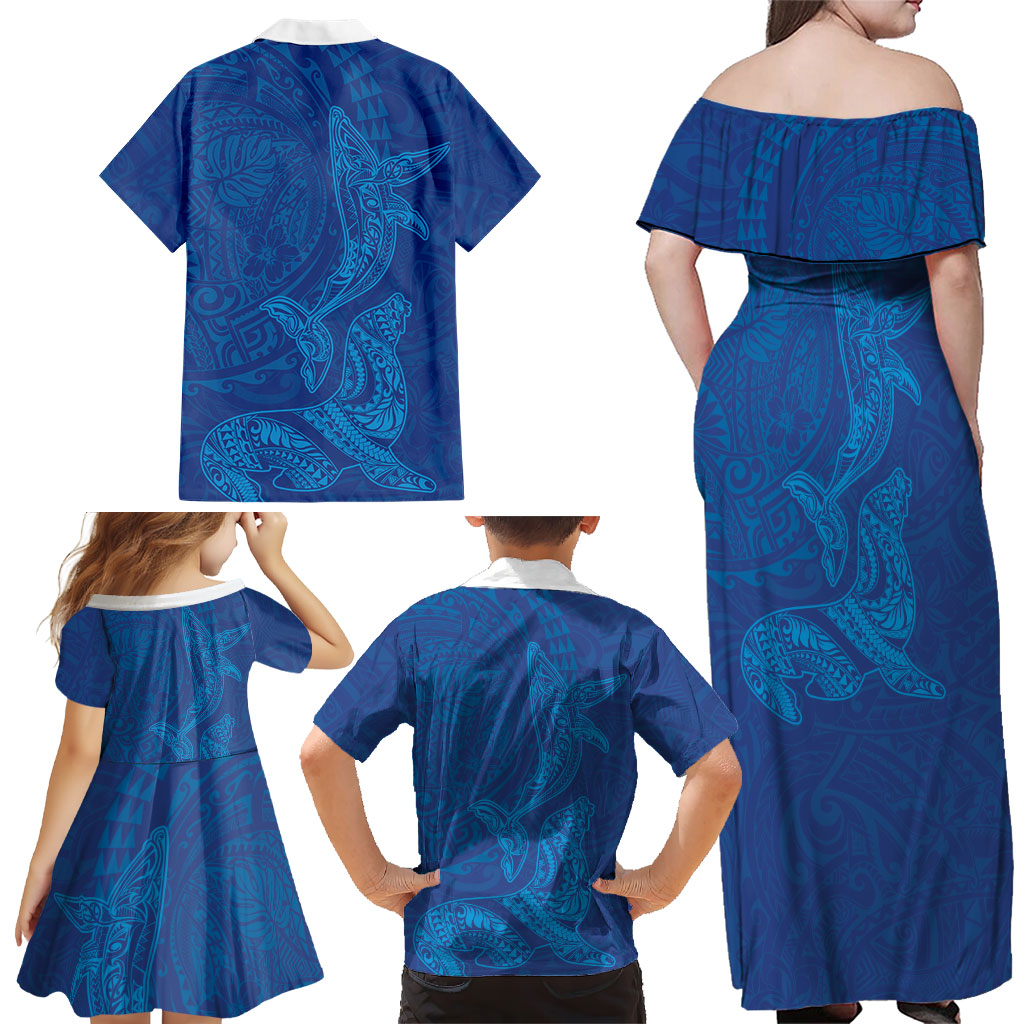 Hawaiian Monk Seal and Whale Family Matching Off Shoulder Maxi Dress and Hawaiian Shirt Kakau Tribal Pattern Blue Color LT03 - Polynesian Pride