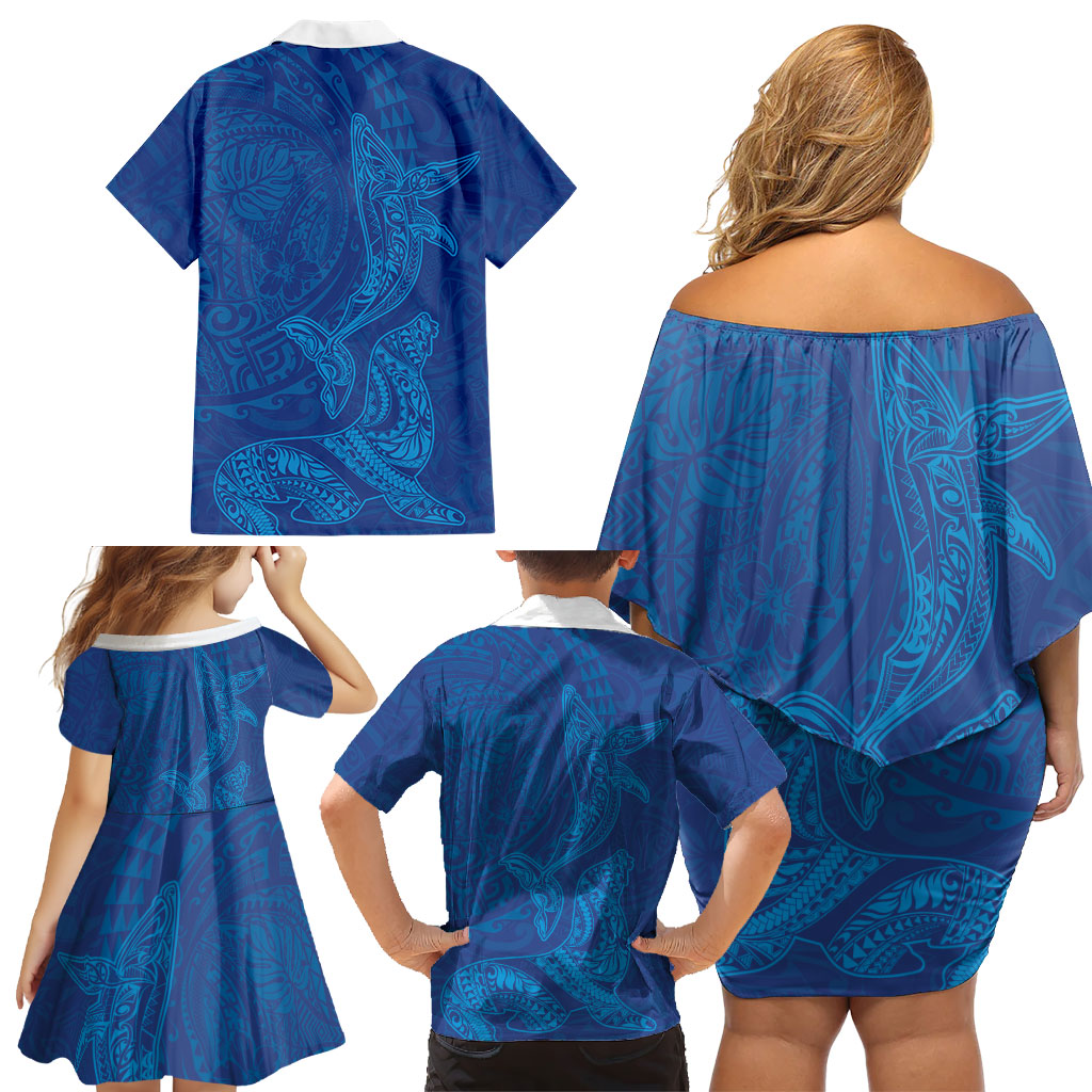 Hawaiian Monk Seal and Whale Family Matching Off Shoulder Short Dress and Hawaiian Shirt Kakau Tribal Pattern Blue Color LT03 - Polynesian Pride
