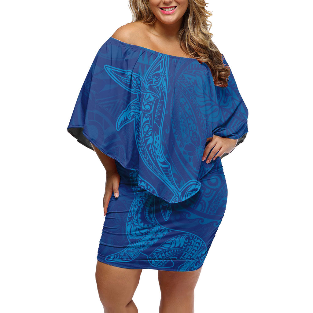 Hawaiian Monk Seal and Whale Family Matching Off Shoulder Short Dress and Hawaiian Shirt Kakau Tribal Pattern Blue Color LT03 Mom's Dress Blue - Polynesian Pride