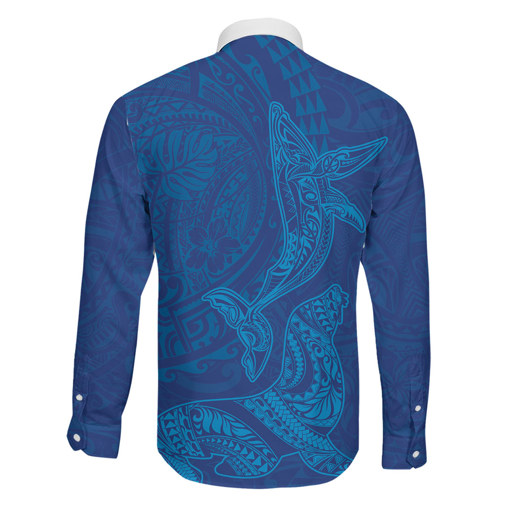 Hawaiian Monk Seal and Whale Family Matching Short Sleeve Bodycon Dress and Hawaiian Shirt Kakau Tribal Pattern Blue Color LT03 - Polynesian Pride