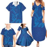 Hawaiian Monk Seal and Whale Family Matching Summer Maxi Dress and Hawaiian Shirt Kakau Tribal Pattern Blue Color LT03 - Polynesian Pride