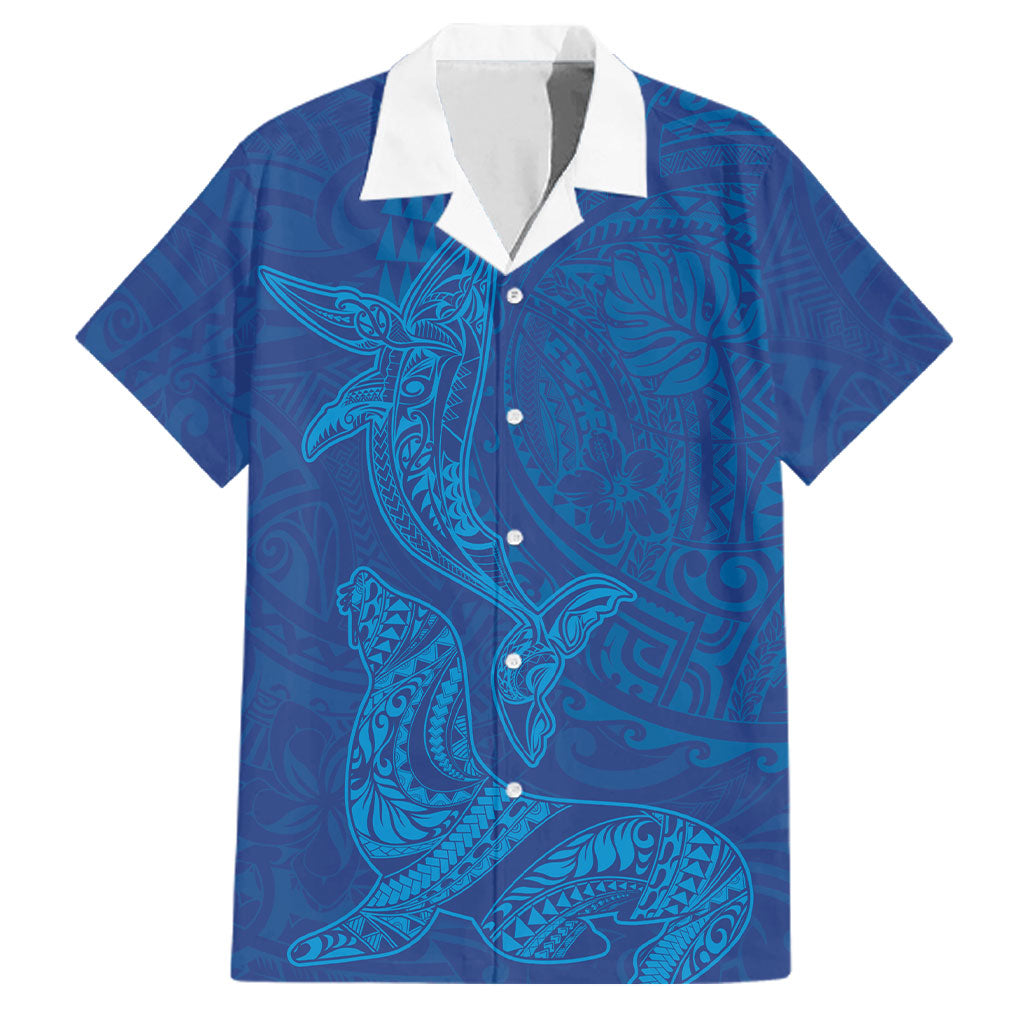 Hawaiian Monk Seal and Whale Family Matching Tank Maxi Dress and Hawaiian Shirt Kakau Tribal Pattern Blue Color LT03 Dad's Shirt - Short Sleeve Blue - Polynesian Pride