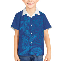 Hawaiian Monk Seal and Whale Hawaiian Shirt Kakau Tribal Pattern Blue Color