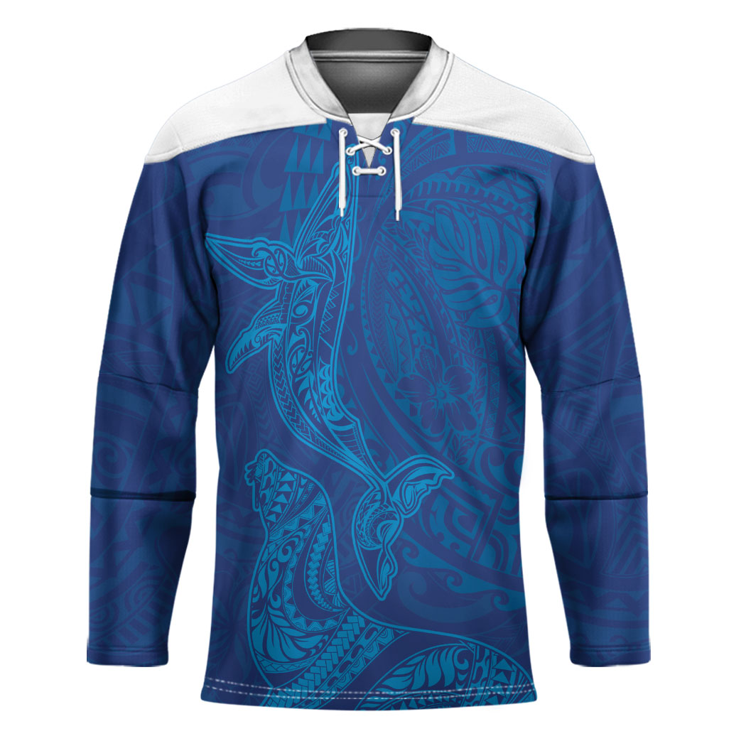 Hawaiian Monk Seal and Whale Hockey Jersey Kakau Tribal Pattern Blue Color