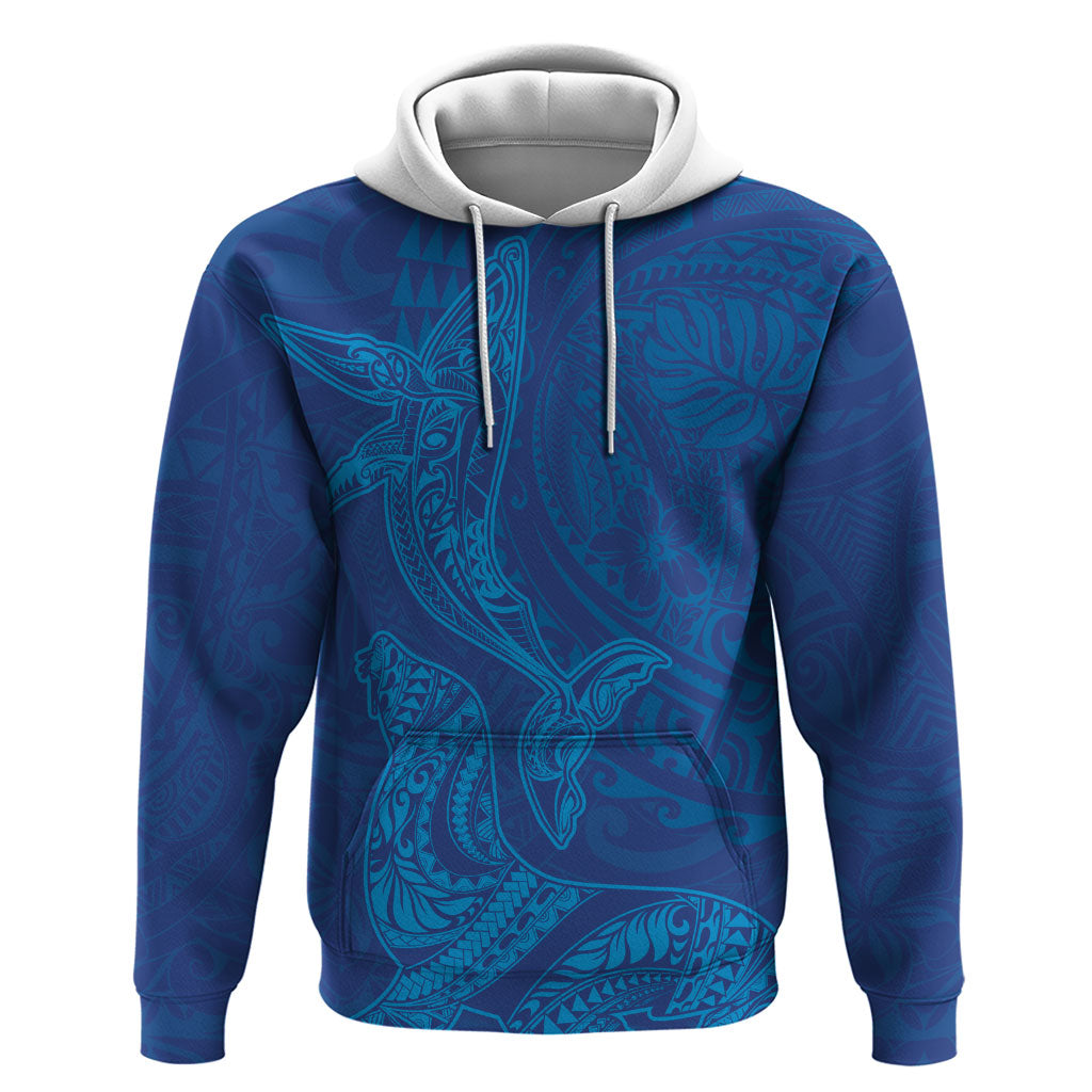 Hawaiian Monk Seal and Whale Hoodie Kakau Tribal Pattern Blue Color
